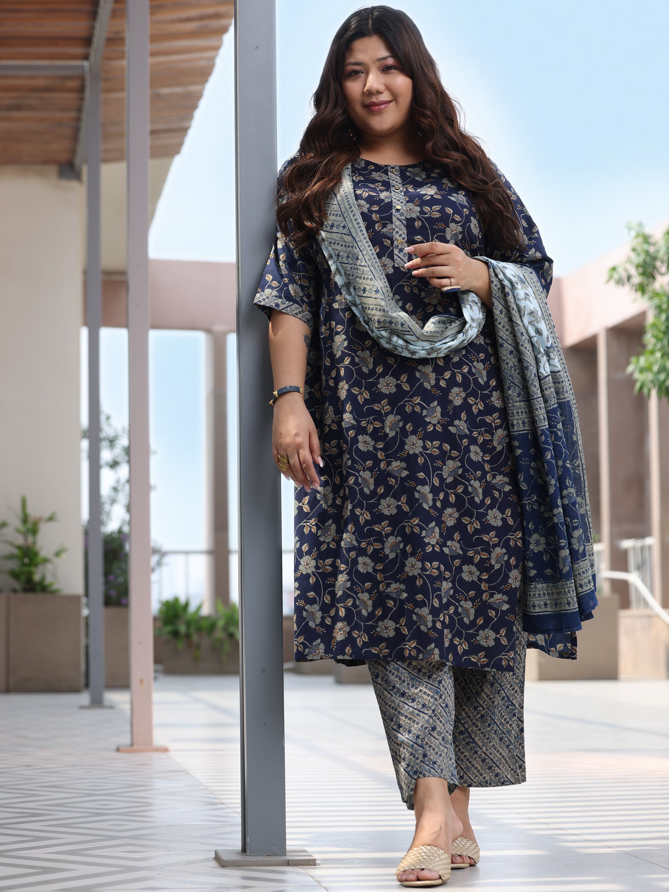 Plus Size Blue Printed Cotton Straight Suit Set