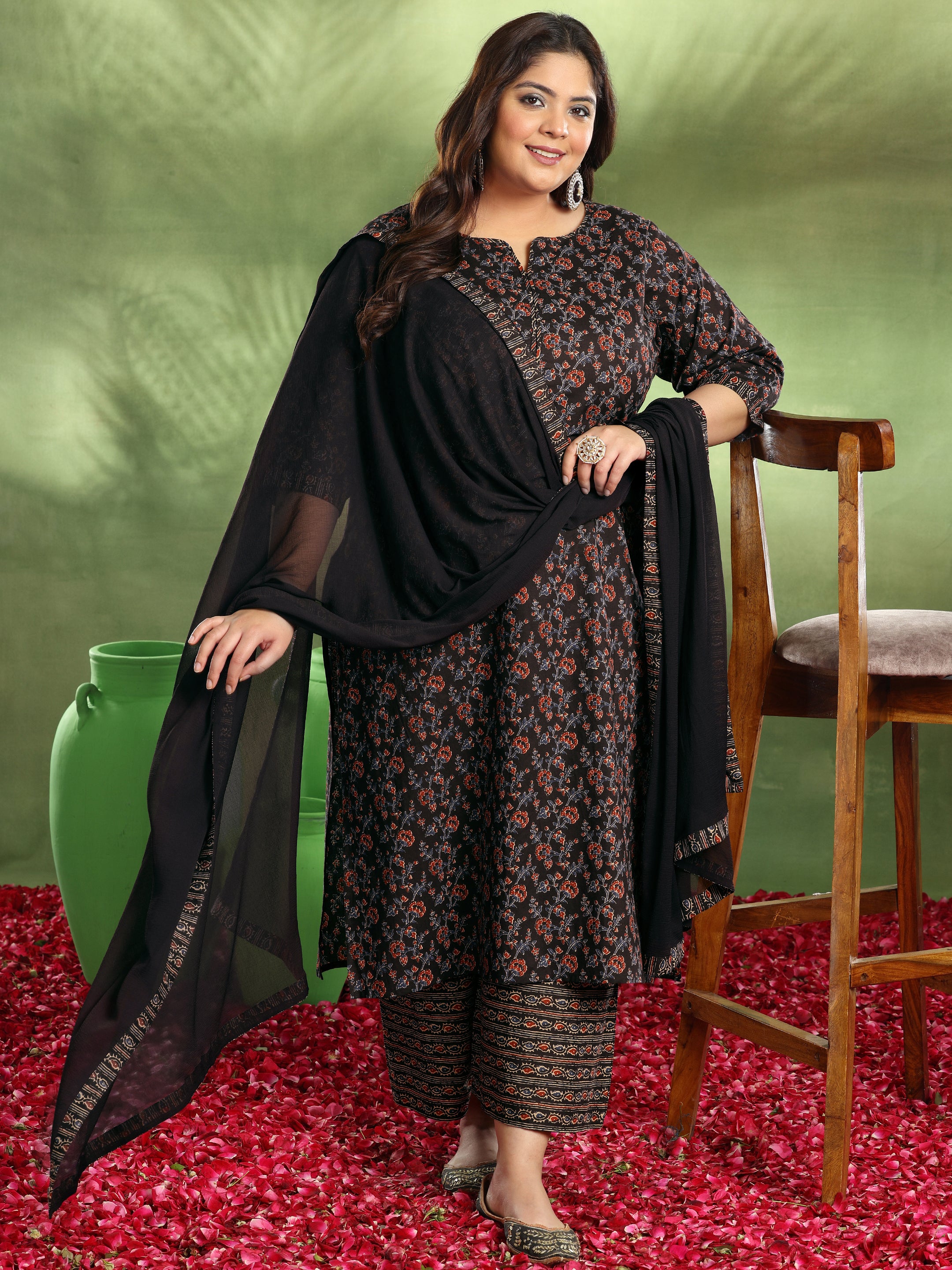 Plus Size Maroon Printed Cotton Straight Suit Set With Dupatta