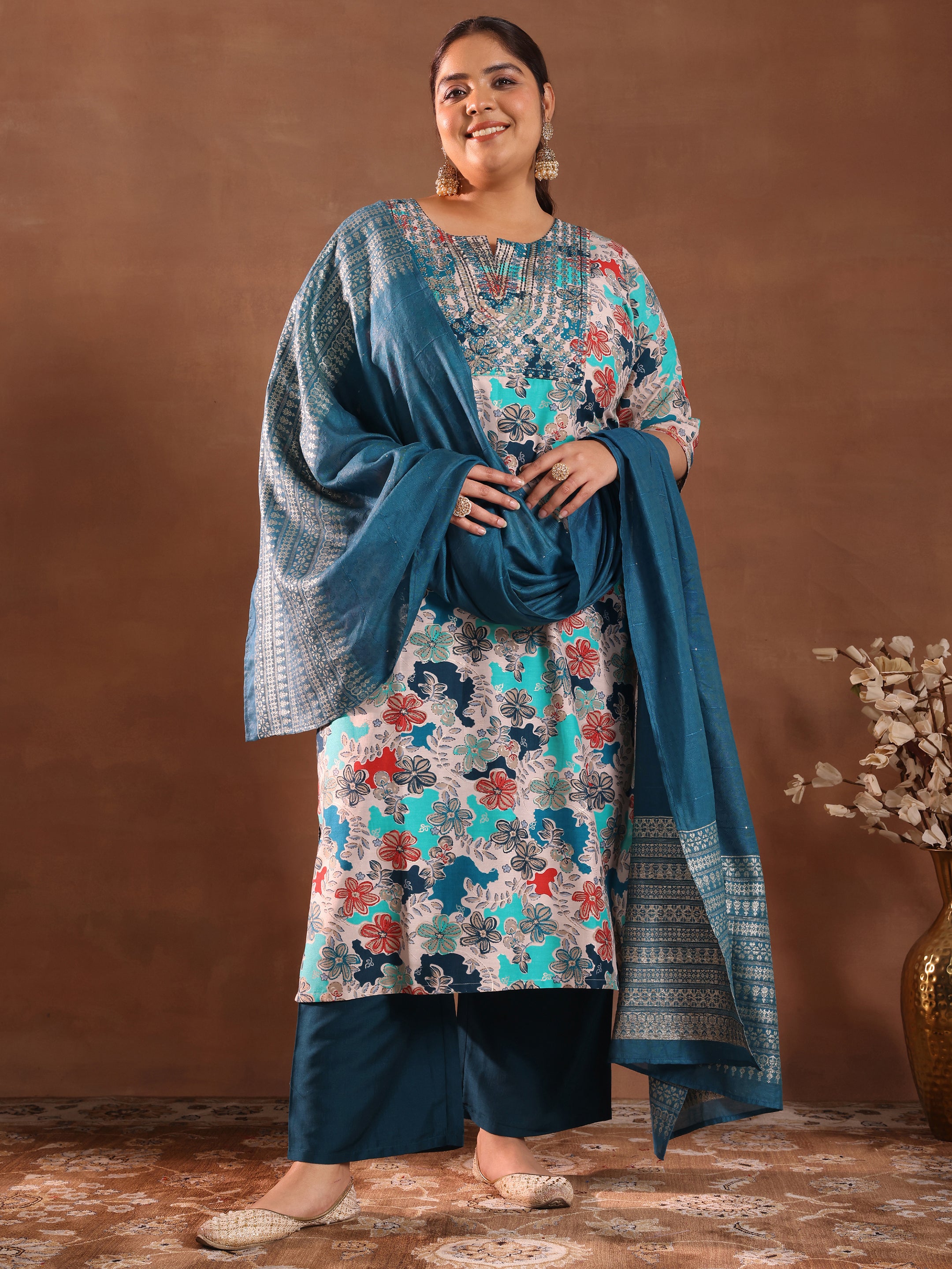 Blue Printed Silk Blend Suit Set