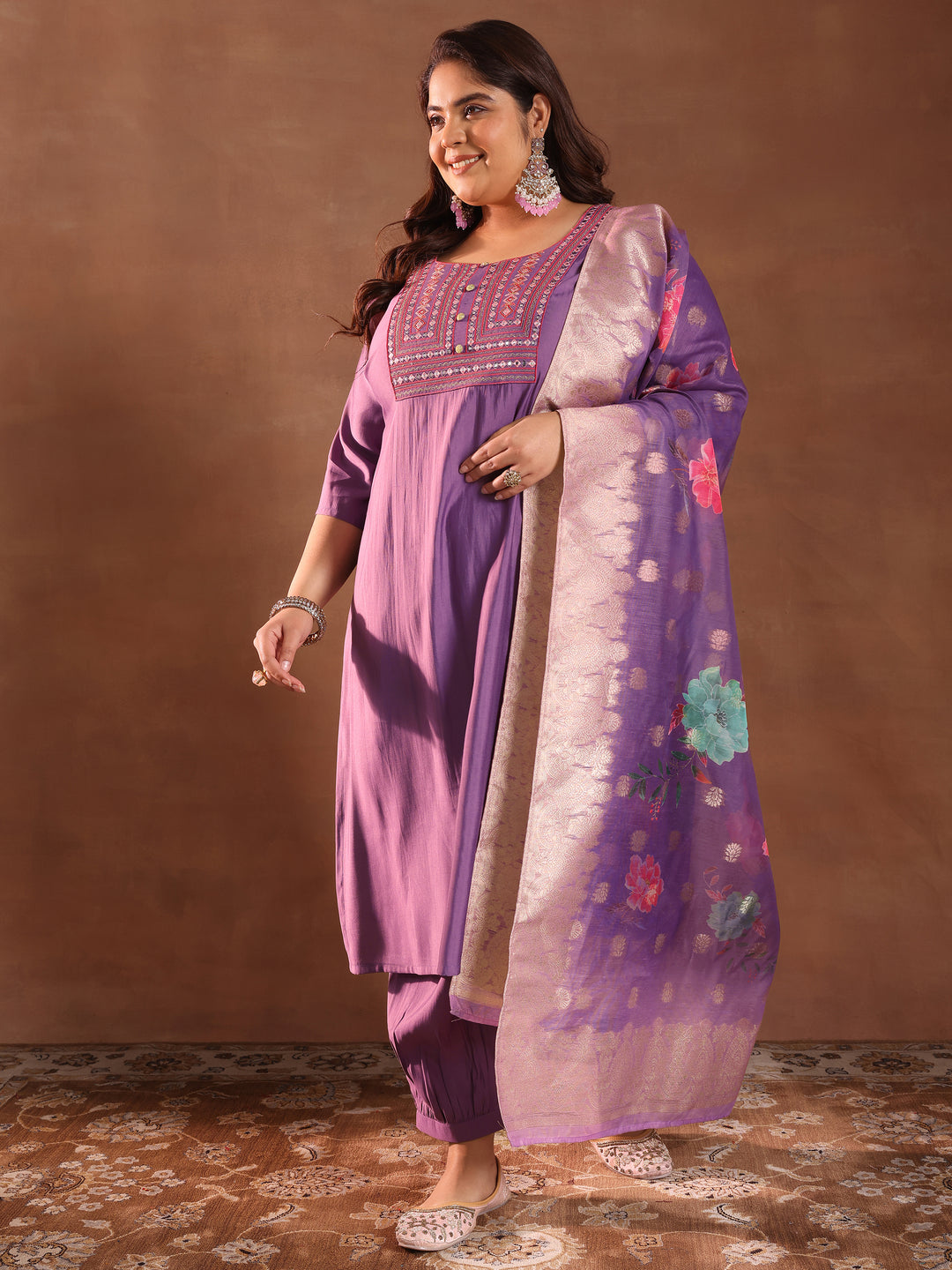 Plus Size Purple Yoke Design Silk Blend Straight Suit With Dupatta