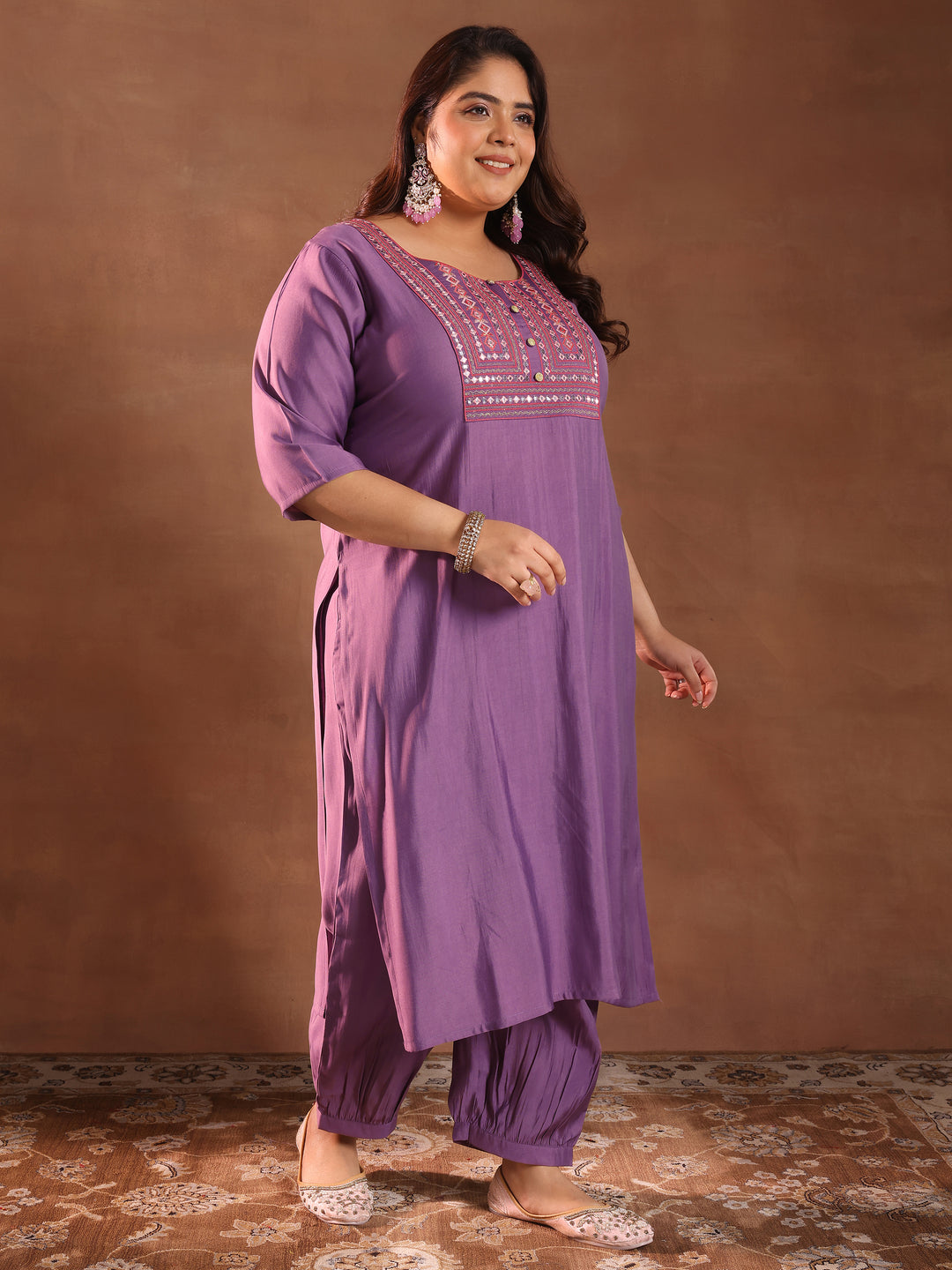 Plus Size Purple Yoke Design Silk Blend Straight Suit With Dupatta