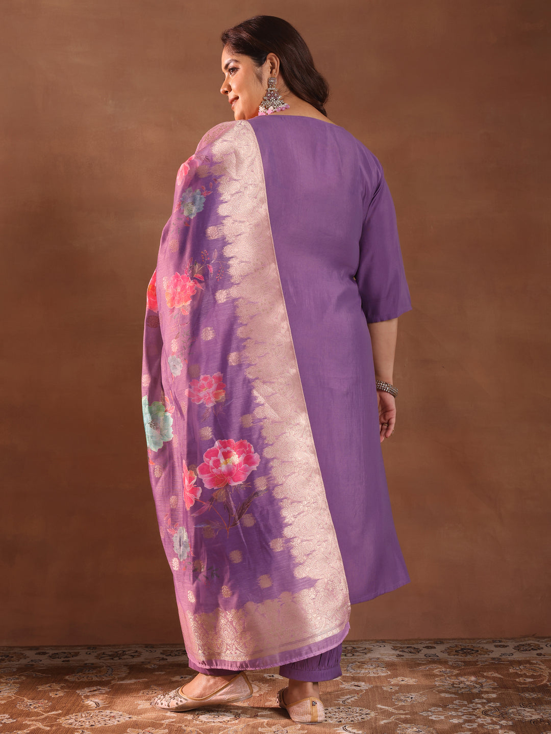 Plus Size Purple Yoke Design Silk Blend Straight Suit With Dupatta
