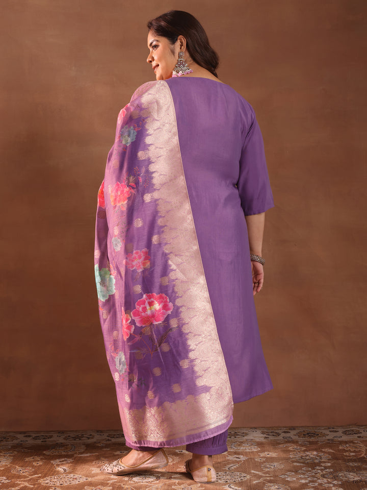 Plus Size Purple Yoke Design Silk Blend Straight Suit With Dupatta