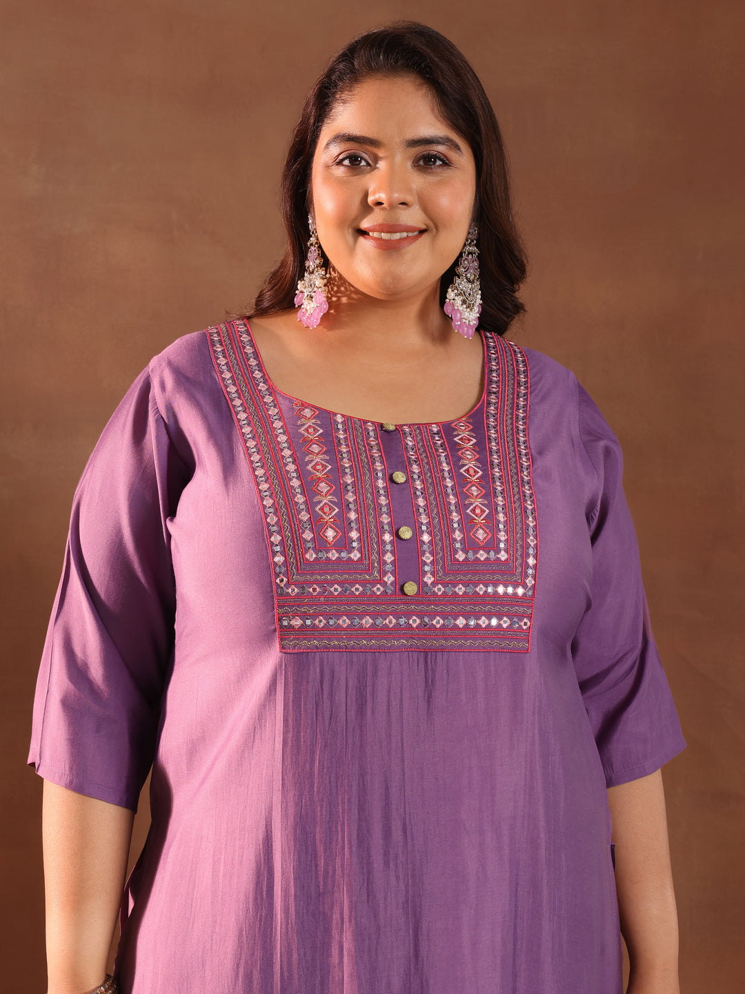 Plus Size Purple Yoke Design Silk Blend Straight Suit With Dupatta