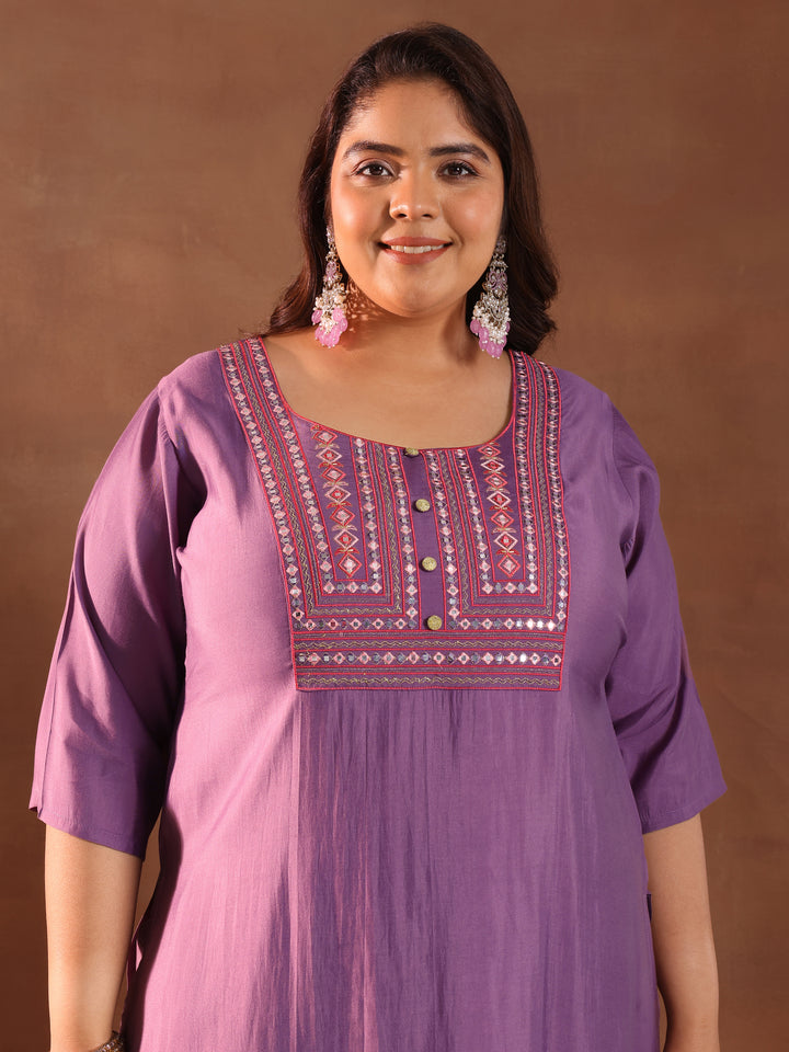 Plus Size Purple Yoke Design Silk Blend Straight Suit With Dupatta