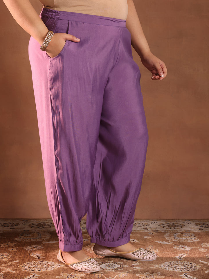 Plus Size Purple Yoke Design Silk Blend Straight Suit With Dupatta