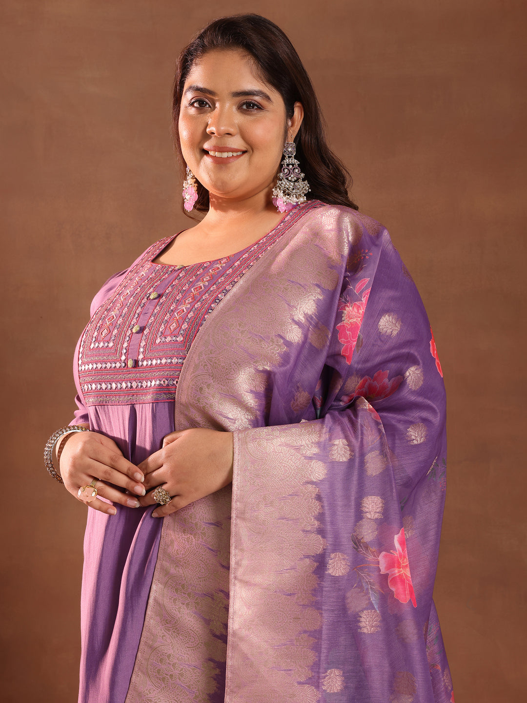Plus Size Purple Yoke Design Silk Blend Straight Suit With Dupatta