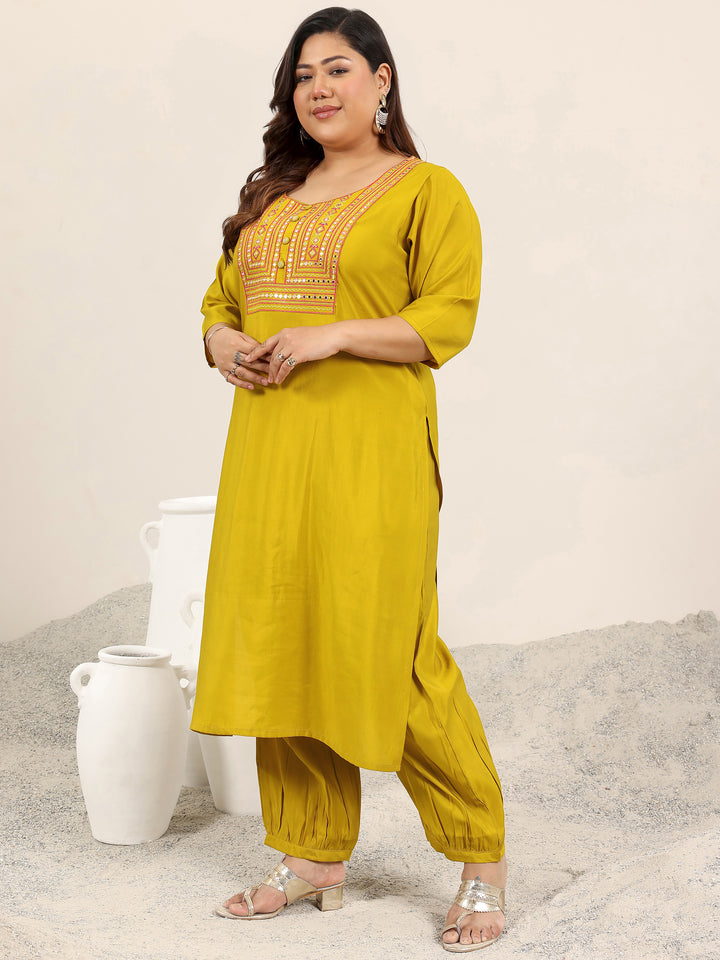 Plus Size Mustard Yoke Design Silk Blend Straight Suit Set With Dupatta