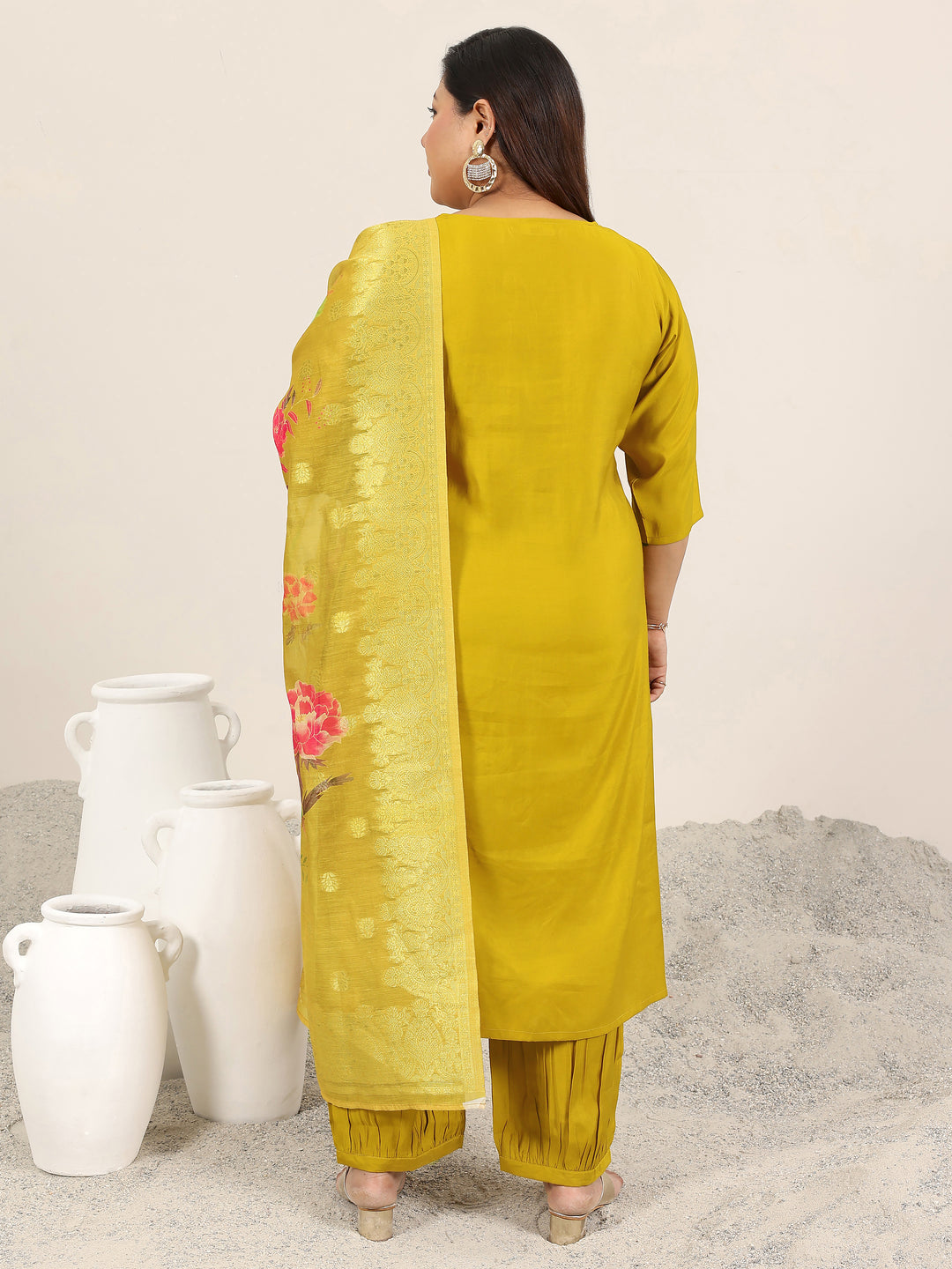 Plus Size Mustard Yoke Design Silk Blend Straight Suit Set With Dupatta