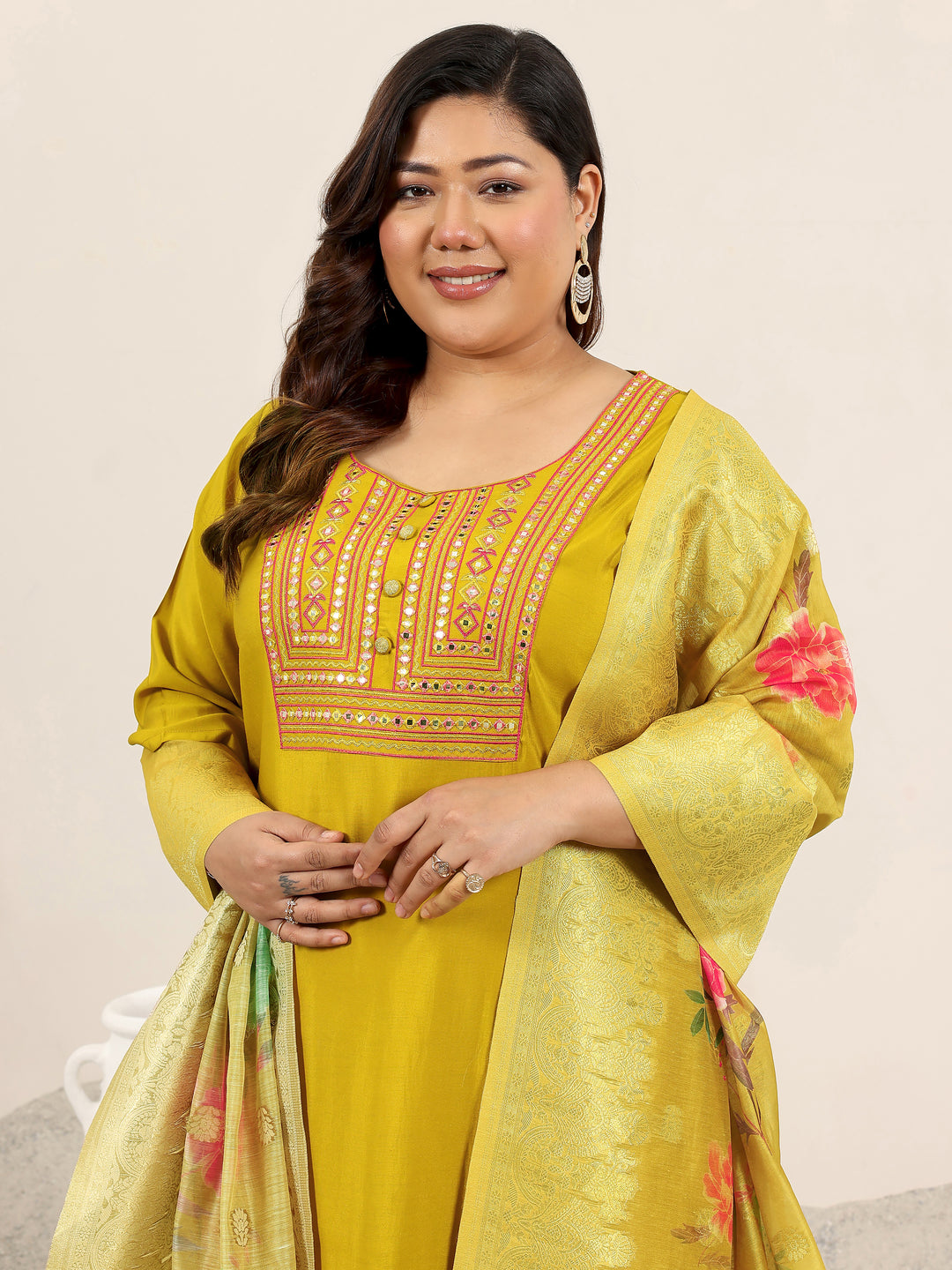 Plus Size Mustard Yoke Design Silk Blend Straight Suit Set With Dupatta