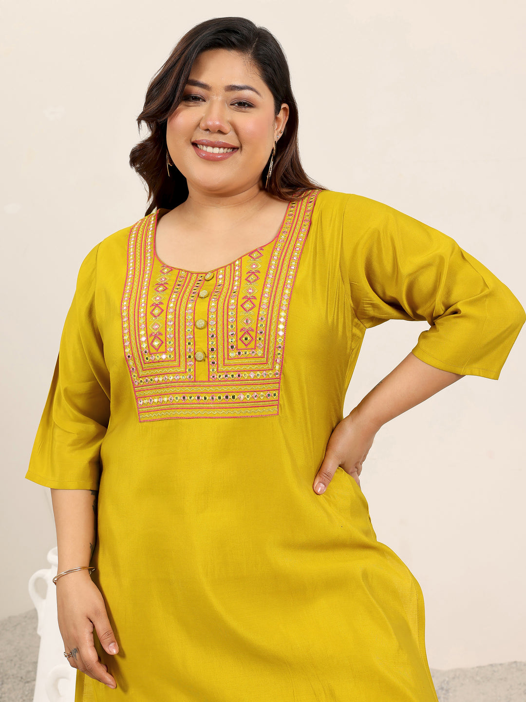 Plus Size Mustard Yoke Design Silk Blend Straight Suit Set With Dupatta