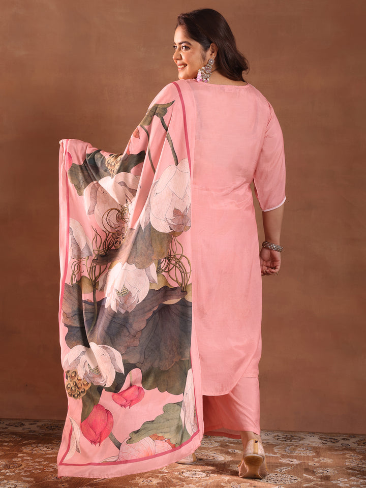Plus Size Pink Yoke Design Silk Blend Straight Suit With Dupatta