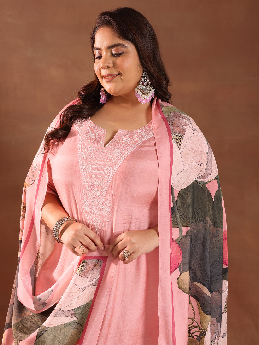 Plus Size Pink Yoke Design Silk Blend Straight Suit With Dupatta