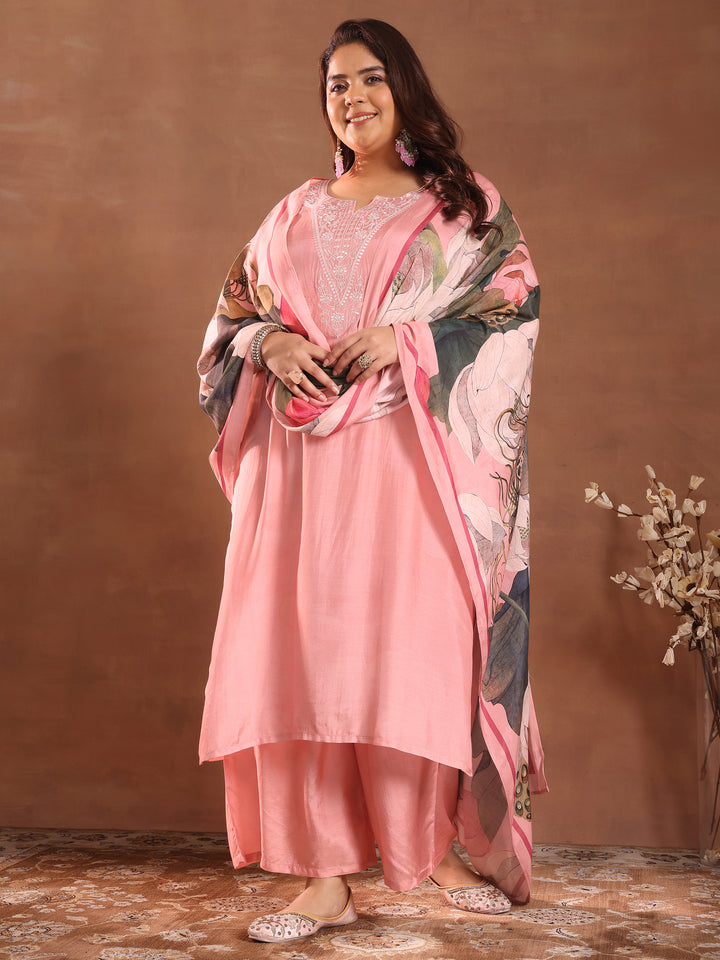 Plus Size Pink Yoke Design Silk Blend Straight Suit With Dupatta
