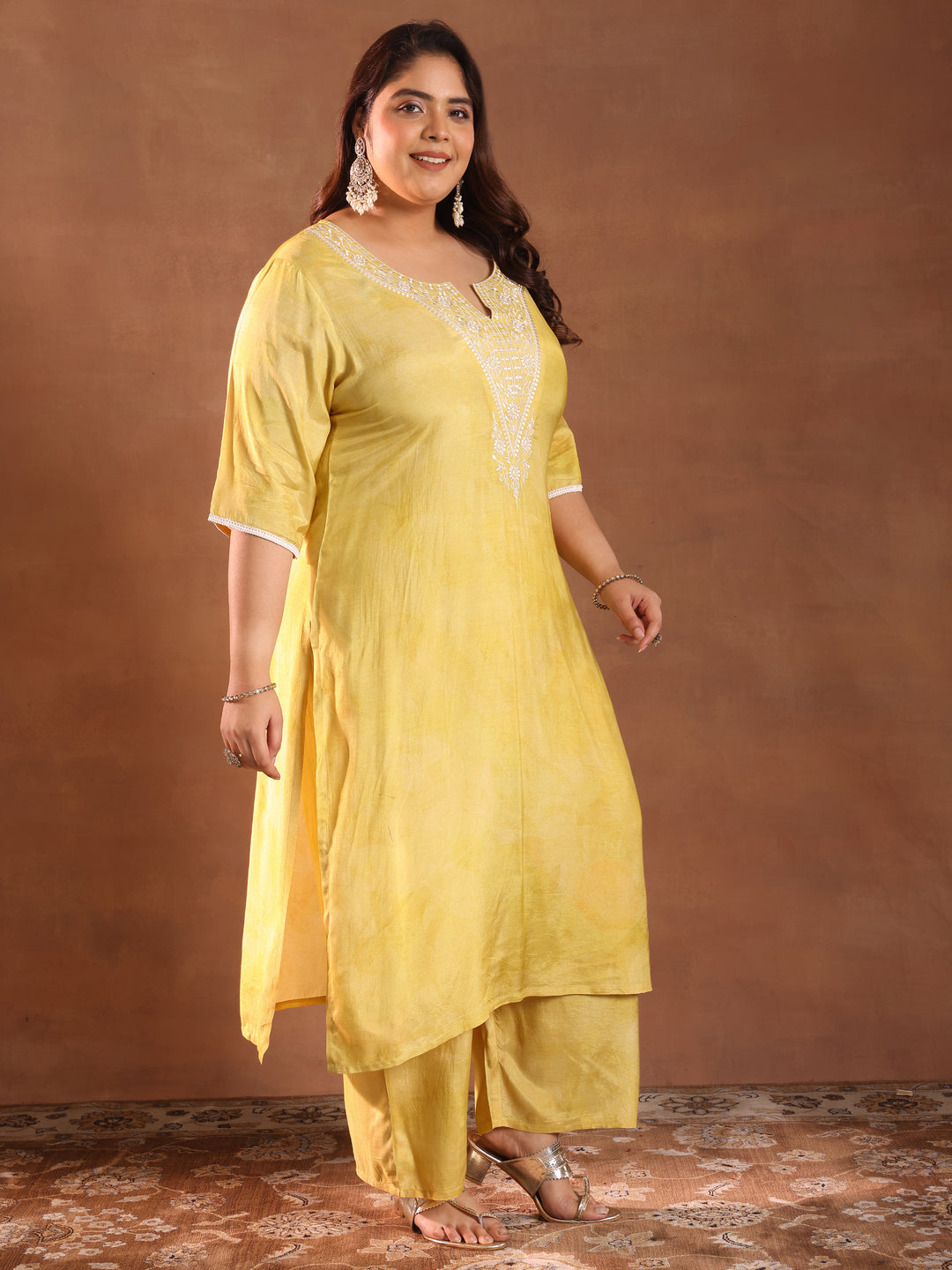 Plus Size Yellow Yoke Design Silk Blend Straight Suit With Dupatta