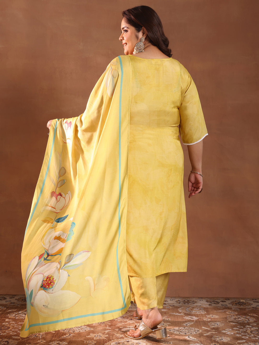 Plus Size Yellow Yoke Design Silk Blend Straight Suit With Dupatta