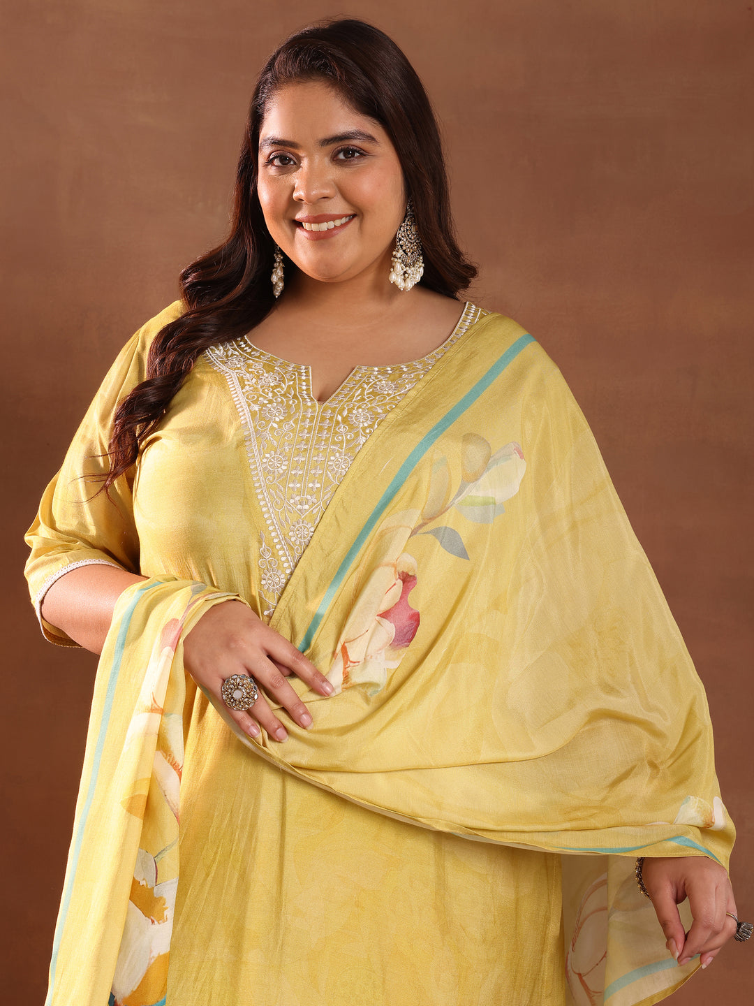 Plus Size Yellow Yoke Design Silk Blend Straight Suit With Dupatta