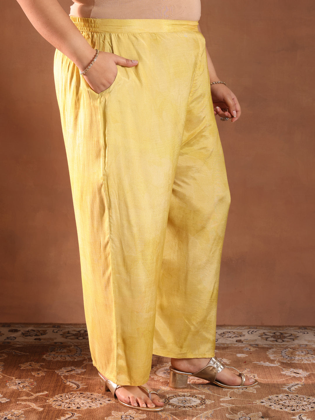 Plus Size Yellow Yoke Design Silk Blend Straight Suit With Dupatta