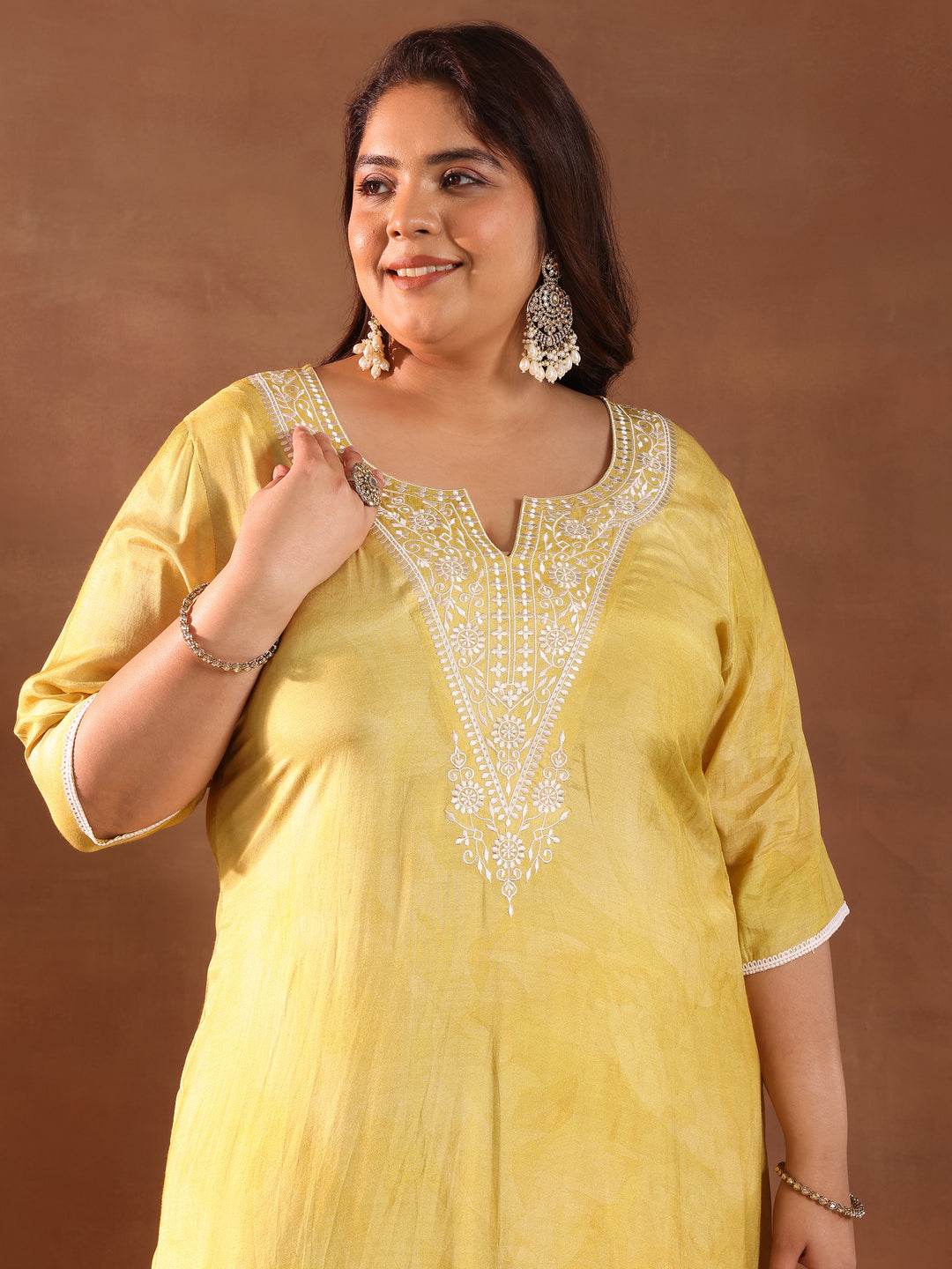Plus Size Yellow Yoke Design Silk Blend Straight Suit With Dupatta