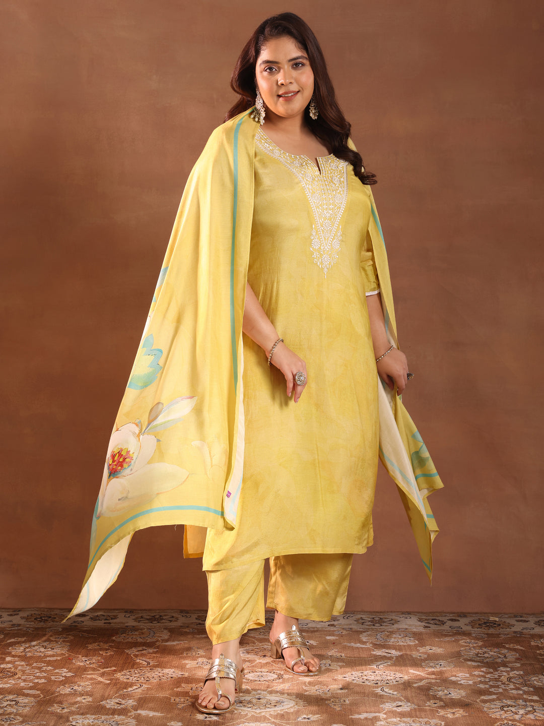 Plus Size Yellow Yoke Design Silk Blend Straight Suit With Dupatta