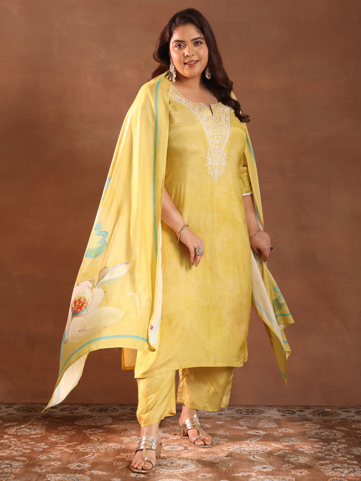 Plus Size Yellow Yoke Design Silk Blend Straight Suit With Dupatta