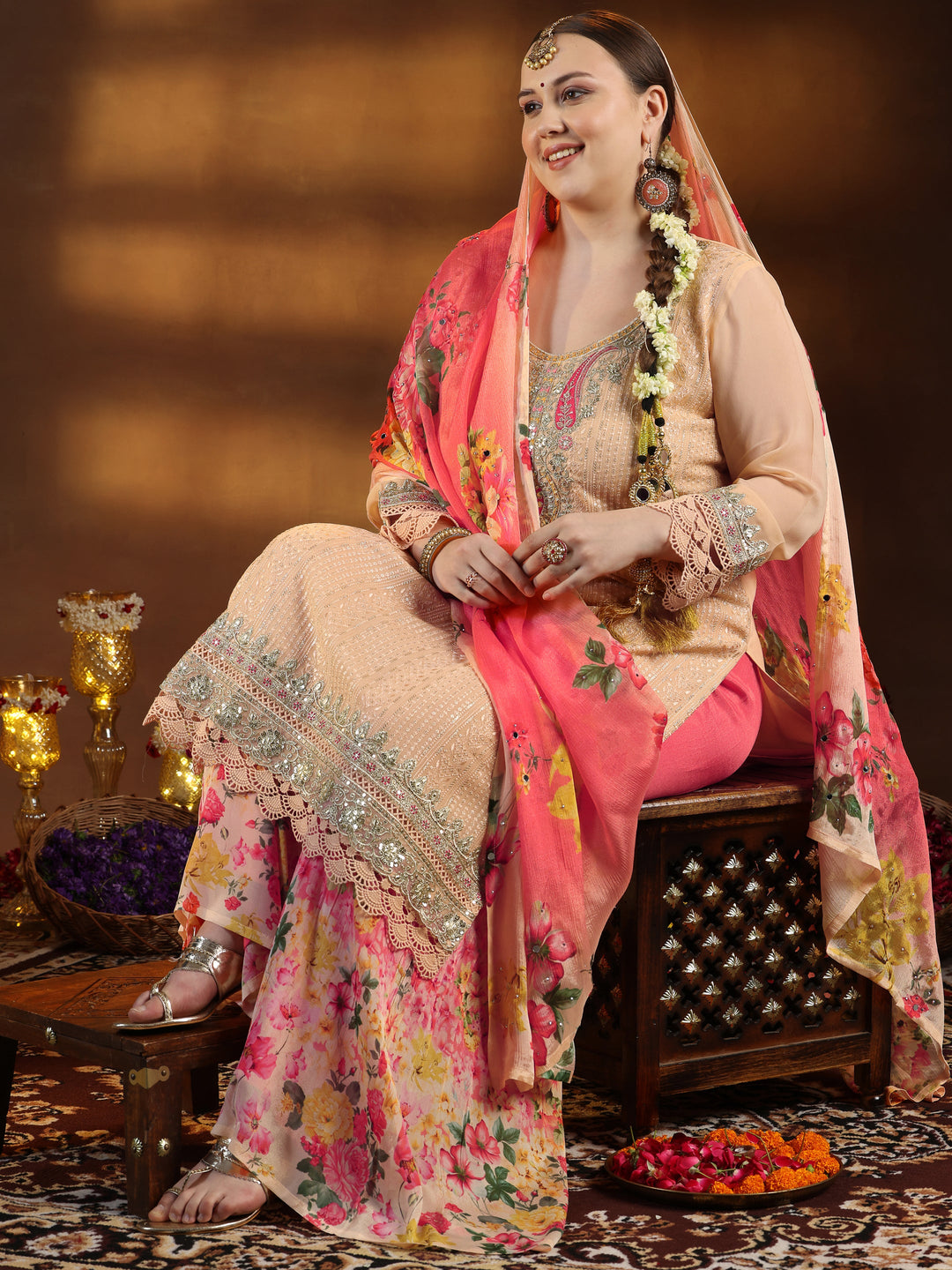 Plus Size Peach Embroidered Muslin Straight Suit With Dupatta