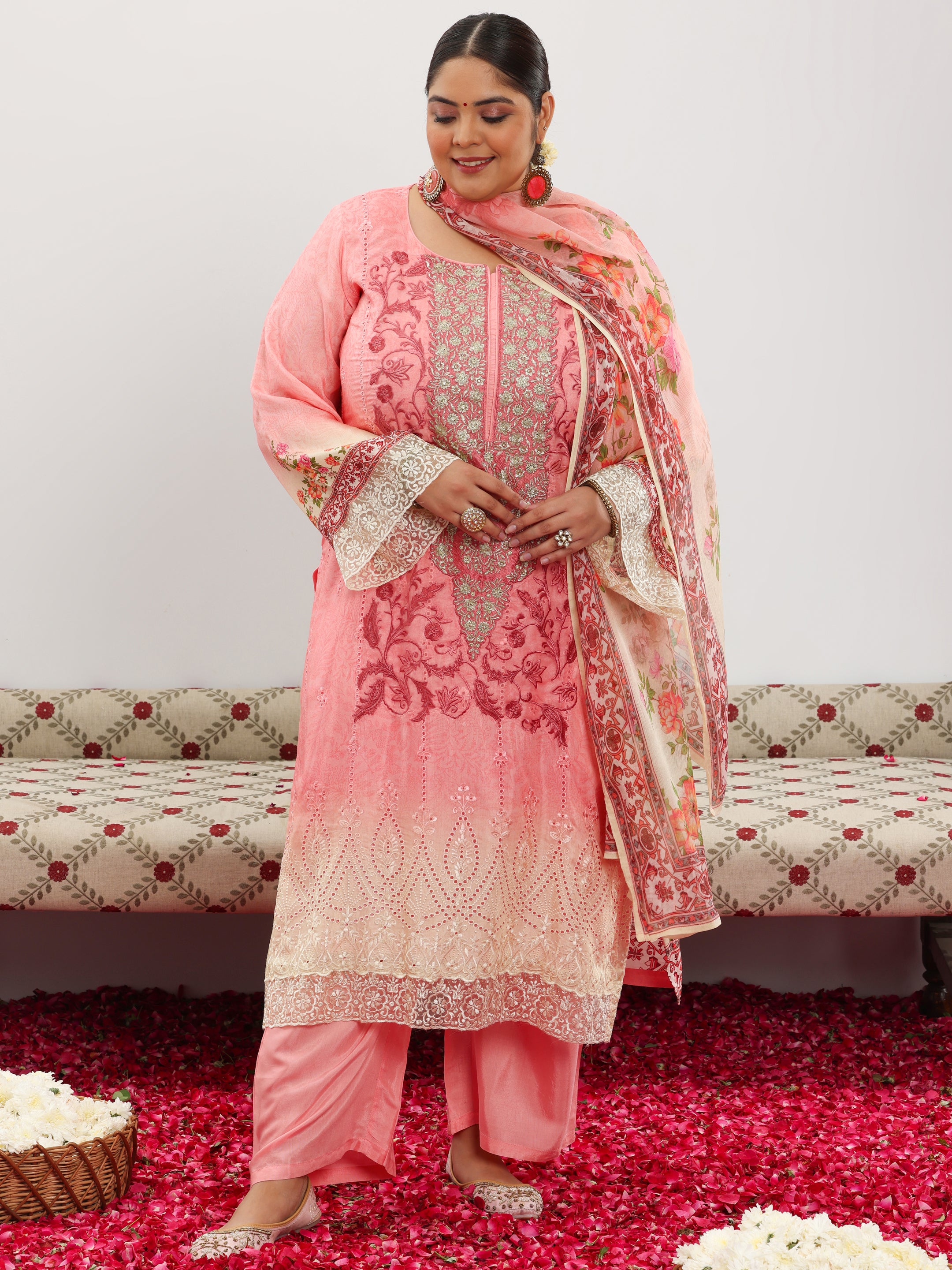 Pink Embroidered Silk Blend Straight Suit With Dupatta