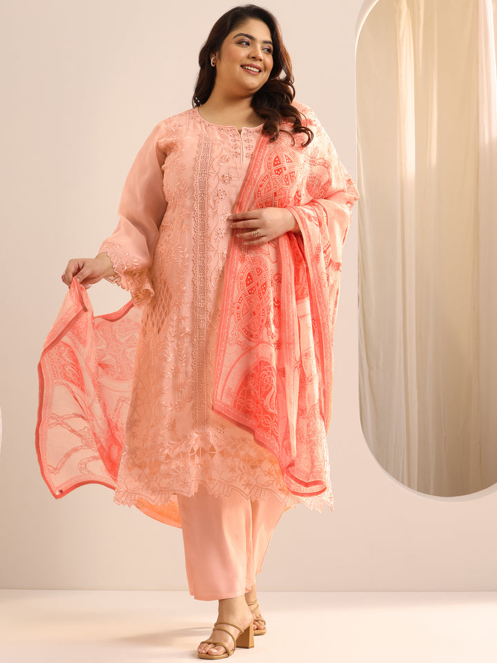 Plus Size Peach Embroidered Organza Straight Suit Set With Dupatta