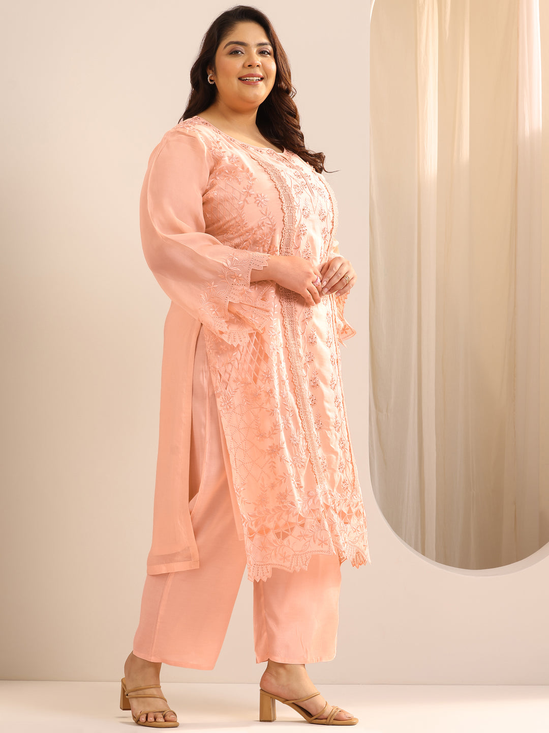 Plus Size Peach Embroidered Organza Straight Suit Set With Dupatta
