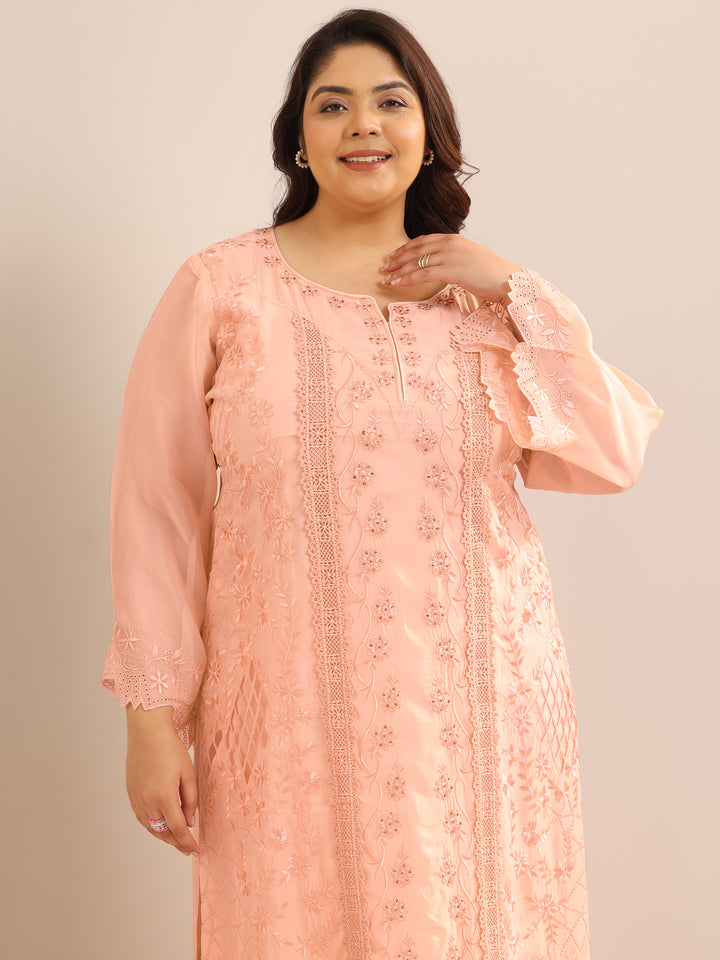 Plus Size Peach Embroidered Organza Straight Suit Set With Dupatta