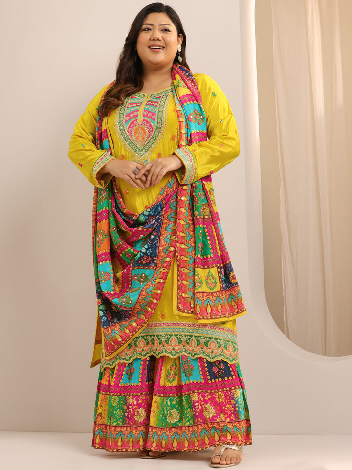 Plus Size Mustard Embroidered Silk Blend Sharara Straight Suit Set With Dupatta