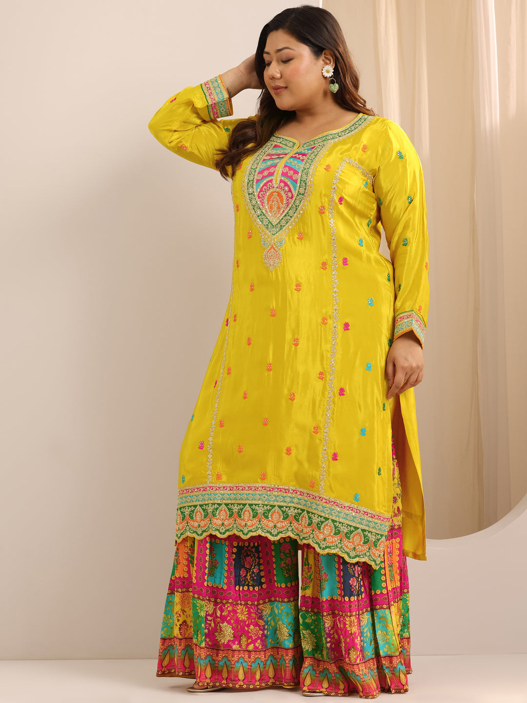 Plus Size Mustard Embroidered Silk Blend Sharara Straight Suit Set With Dupatta