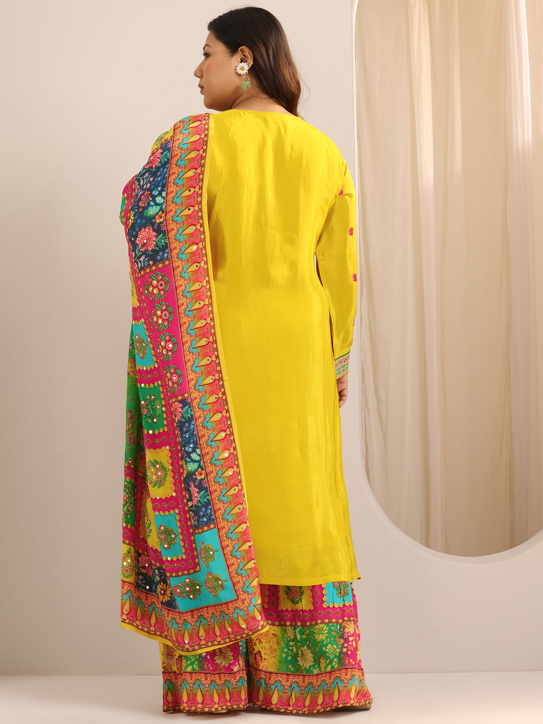 Plus Size Mustard Embroidered Silk Blend Sharara Straight Suit Set With Dupatta