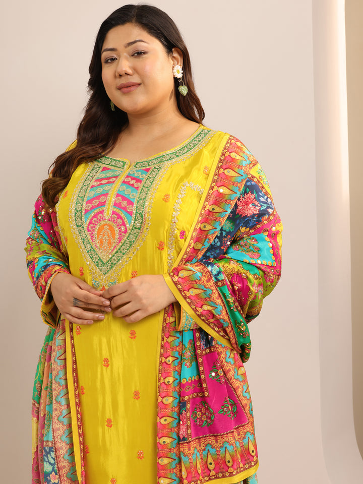 Plus Size Mustard Embroidered Silk Blend Sharara Straight Suit Set With Dupatta