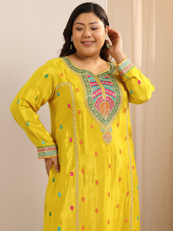 Plus Size Mustard Embroidered Silk Blend Sharara Straight Suit Set With Dupatta