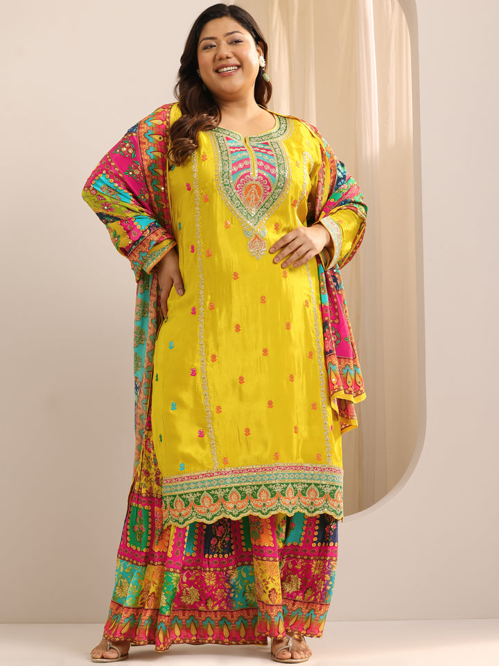 Plus Size Mustard Embroidered Silk Blend Sharara Straight Suit Set With Dupatta
