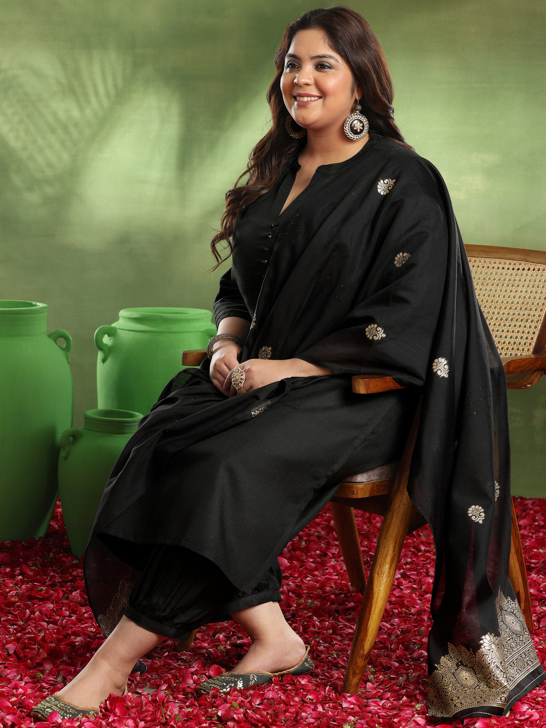 Plus Size Black Solid Cotton Blend Straight Suit With Dupatta