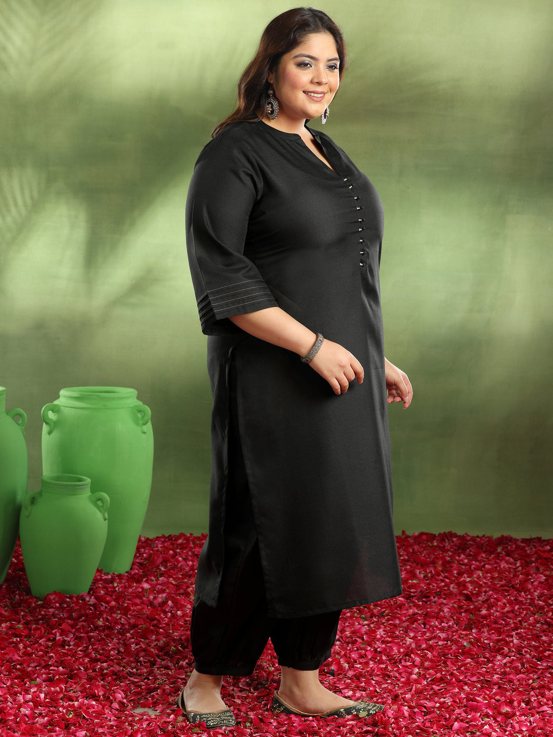 Plus Size Black Solid Cotton Blend Straight Suit With Dupatta