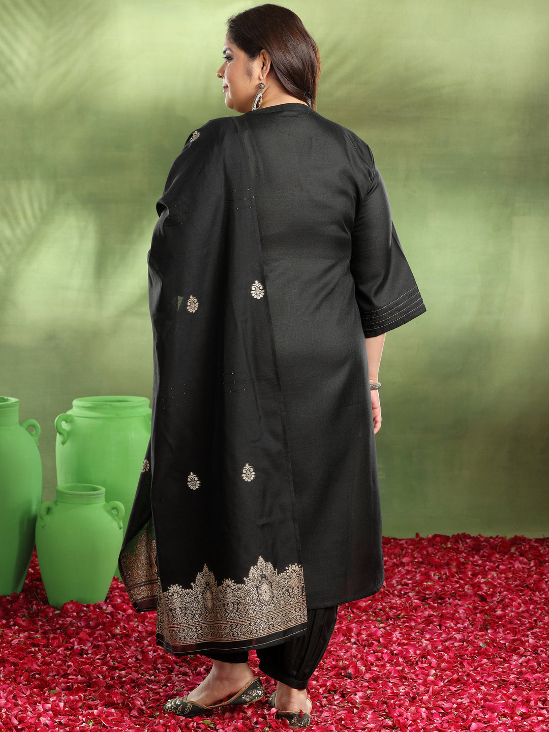 Plus Size Black Solid Cotton Blend Straight Suit With Dupatta