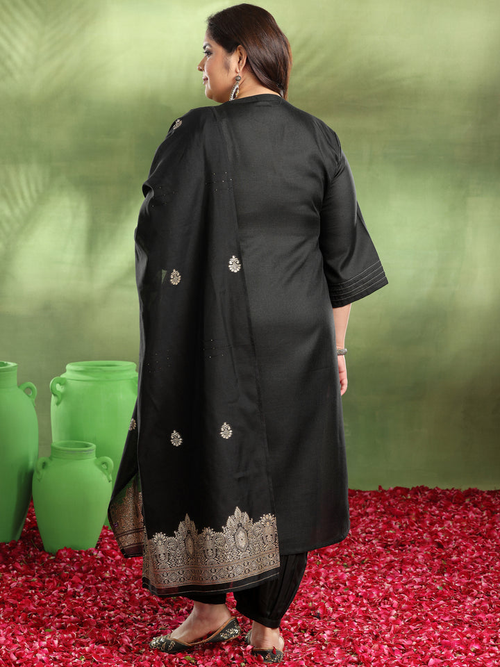 Plus Size Black Solid Cotton Blend Straight Suit With Dupatta