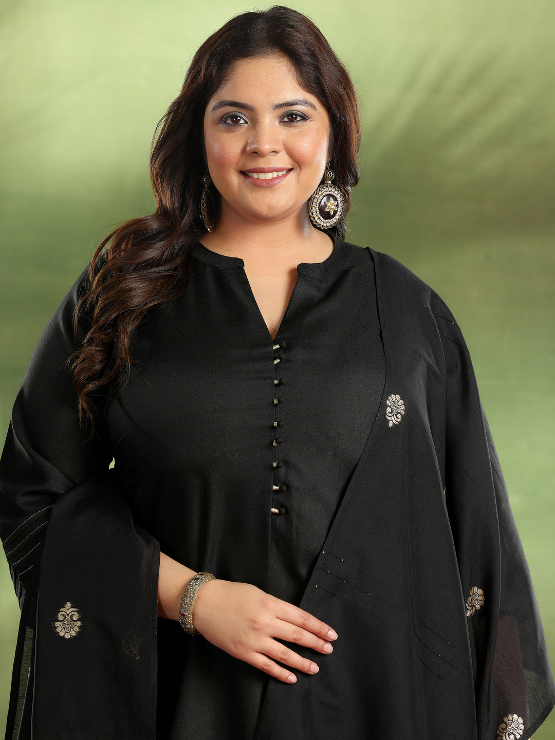 Plus Size Black Solid Cotton Blend Straight Suit With Dupatta