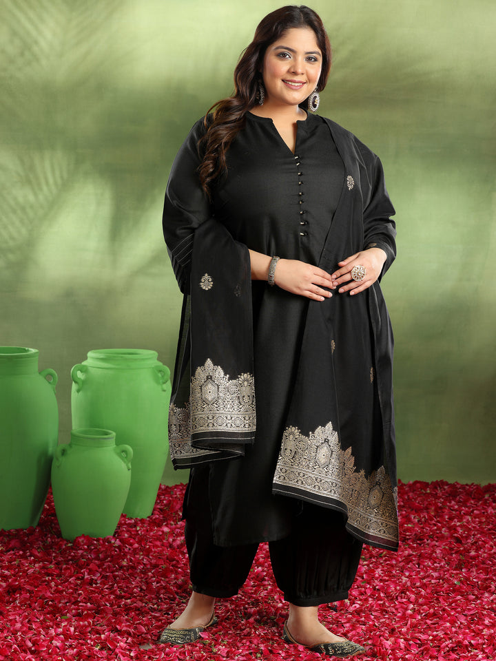 Plus Size Black Solid Cotton Blend Straight Suit With Dupatta