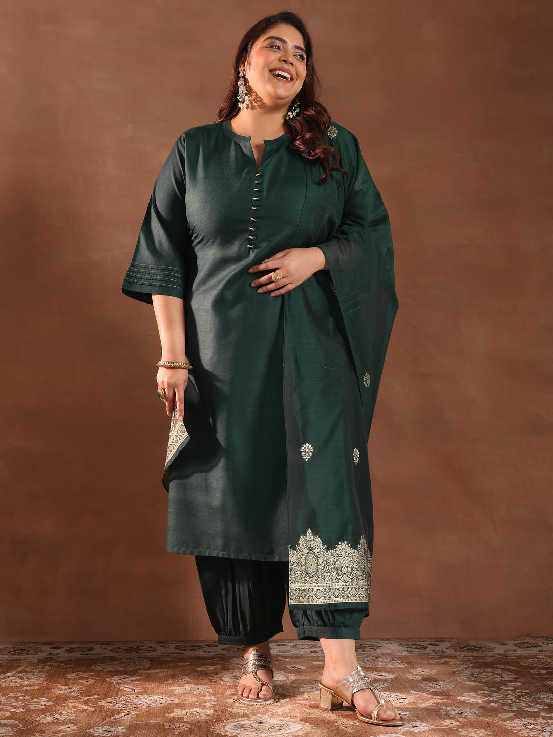Plus Size Green Solid Cotton Blend Straight Suit Set With Dupatta
