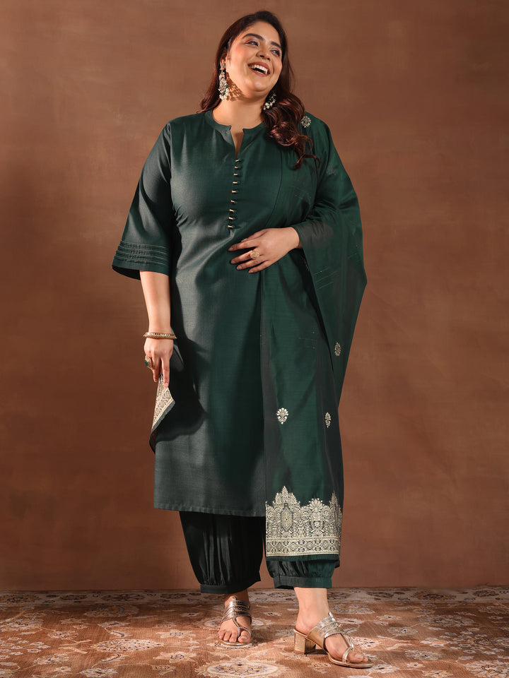 Plus Size Green Solid Cotton Blend Straight Suit Set With Dupatta