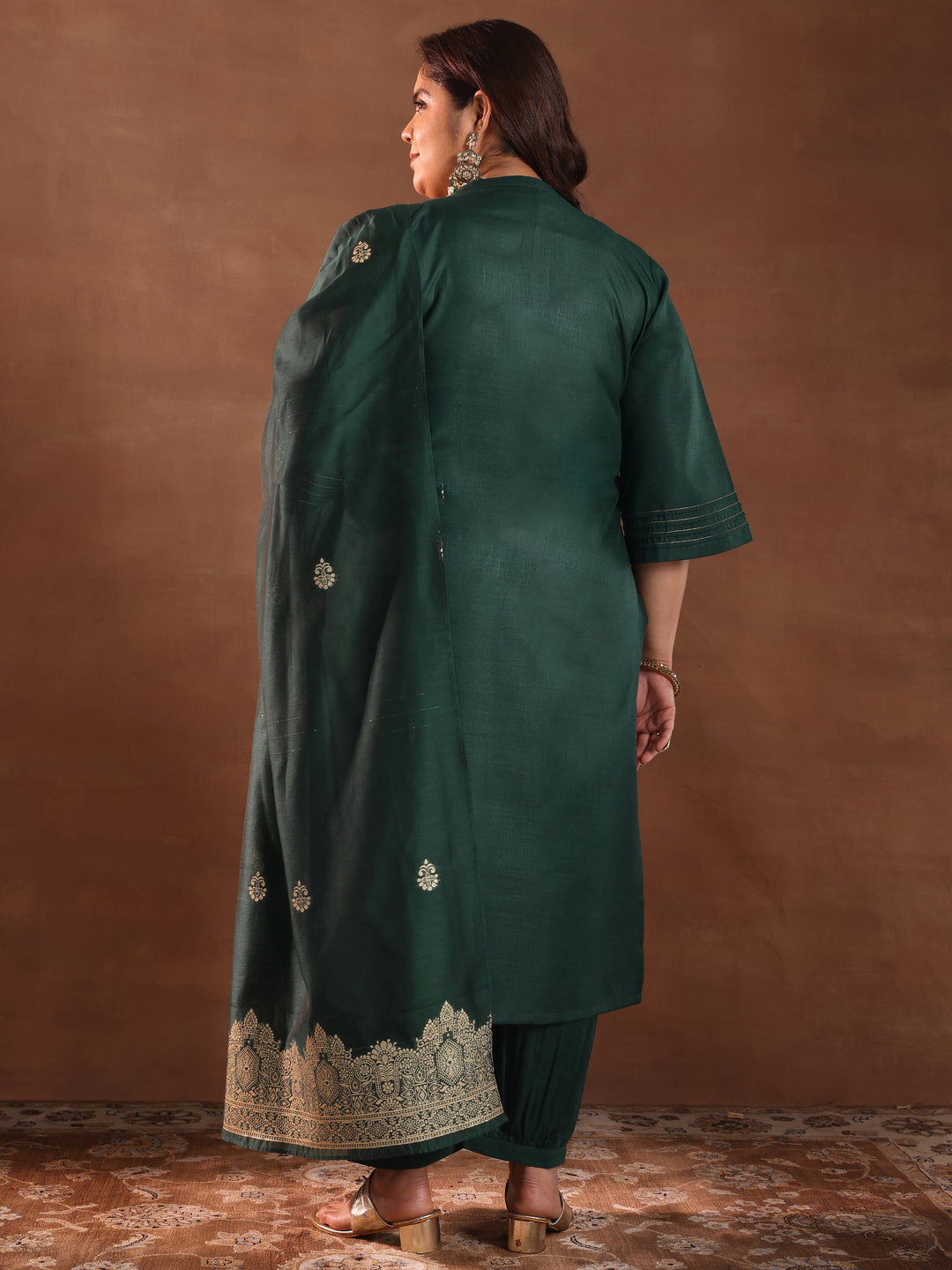 Plus Size Green Solid Cotton Blend Straight Suit Set With Dupatta