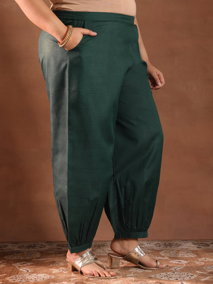 Plus Size Green Solid Cotton Blend Straight Suit Set With Dupatta