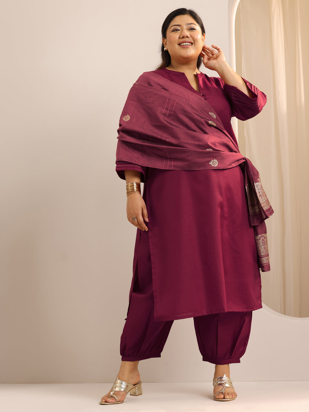 Plus Size Maroon Solid Cotton Blend Straight Suit Set With Dupatta