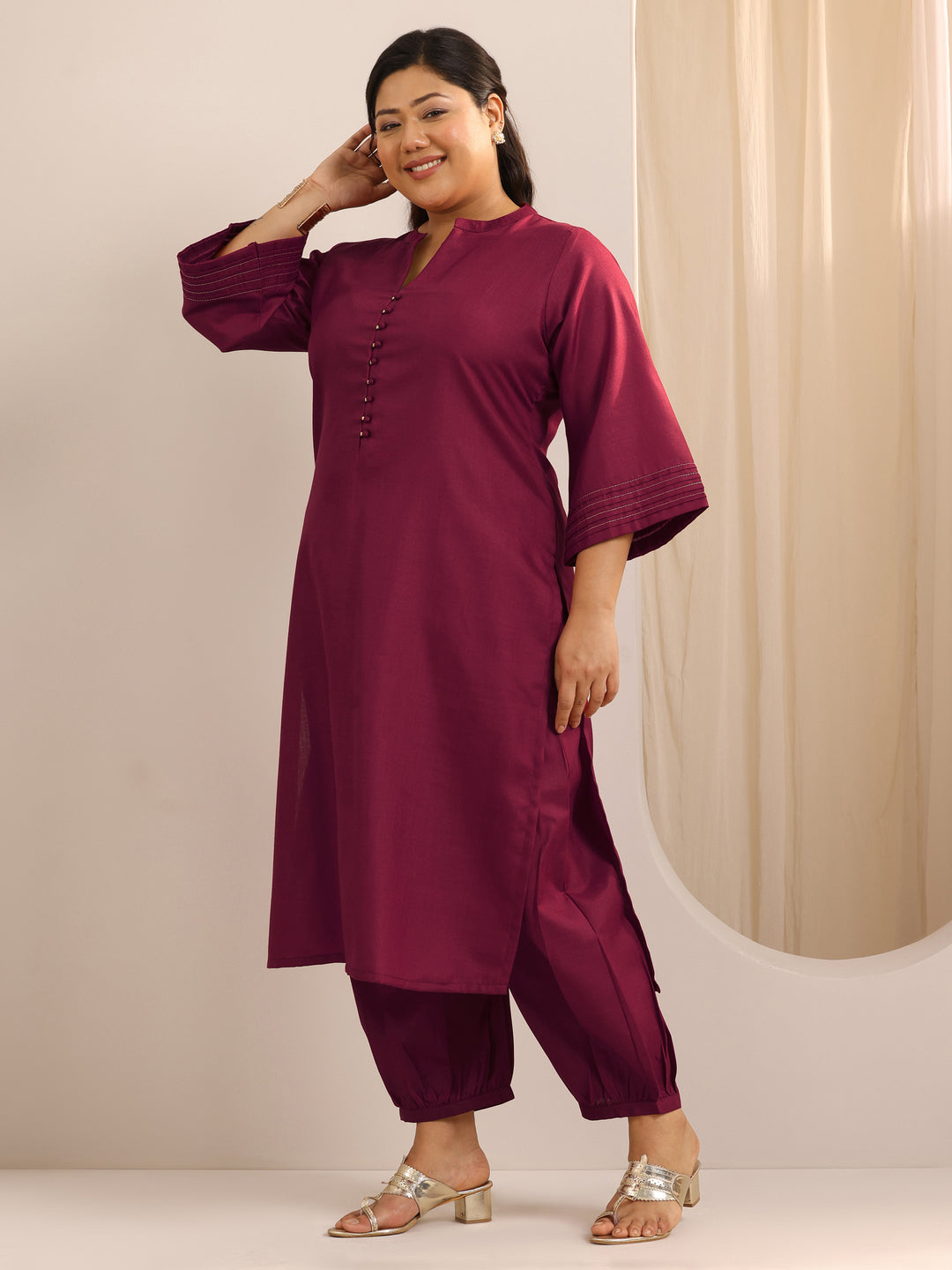 Plus Size Maroon Solid Cotton Blend Straight Suit Set With Dupatta