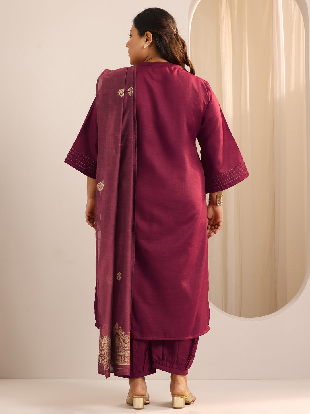 Plus Size Maroon Solid Cotton Blend Straight Suit Set With Dupatta