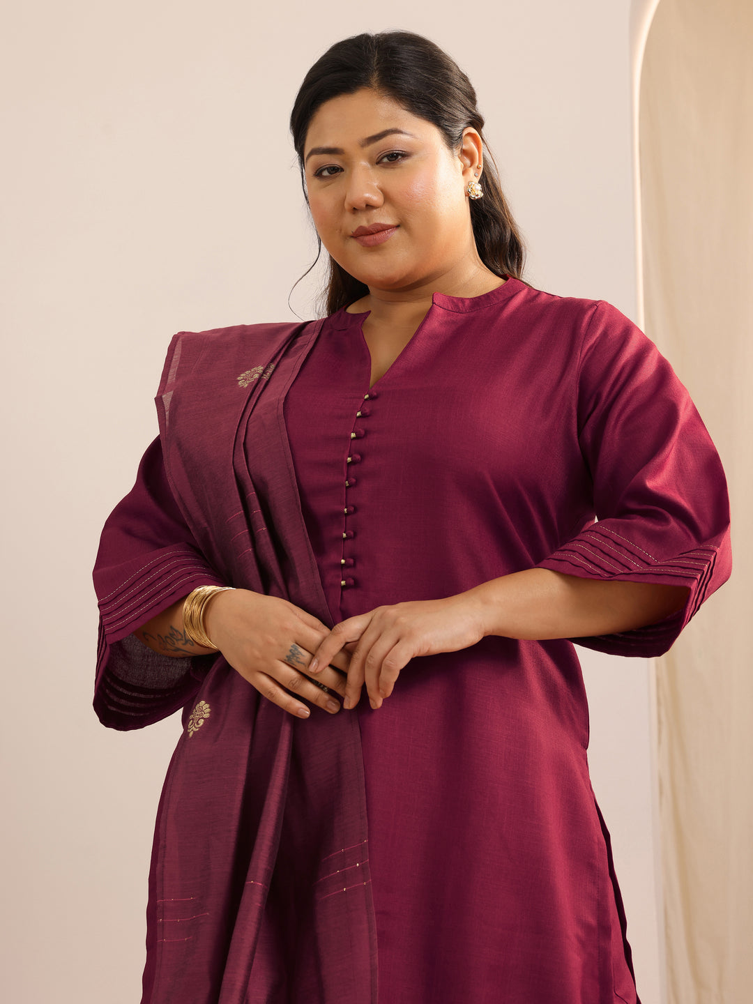 Plus Size Maroon Solid Cotton Blend Straight Suit Set With Dupatta